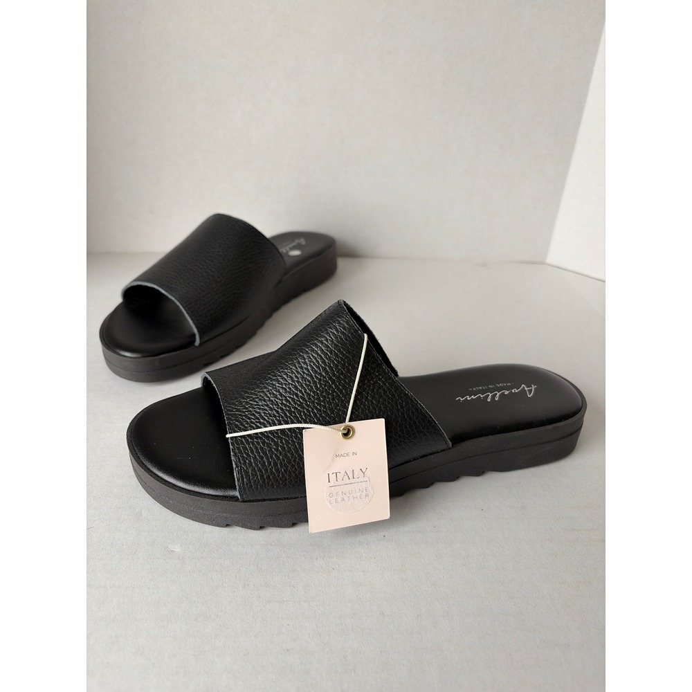 Avellini Black Pebbled Leather Platform Slide Sandals Italy Made Womens 9.5 NWT